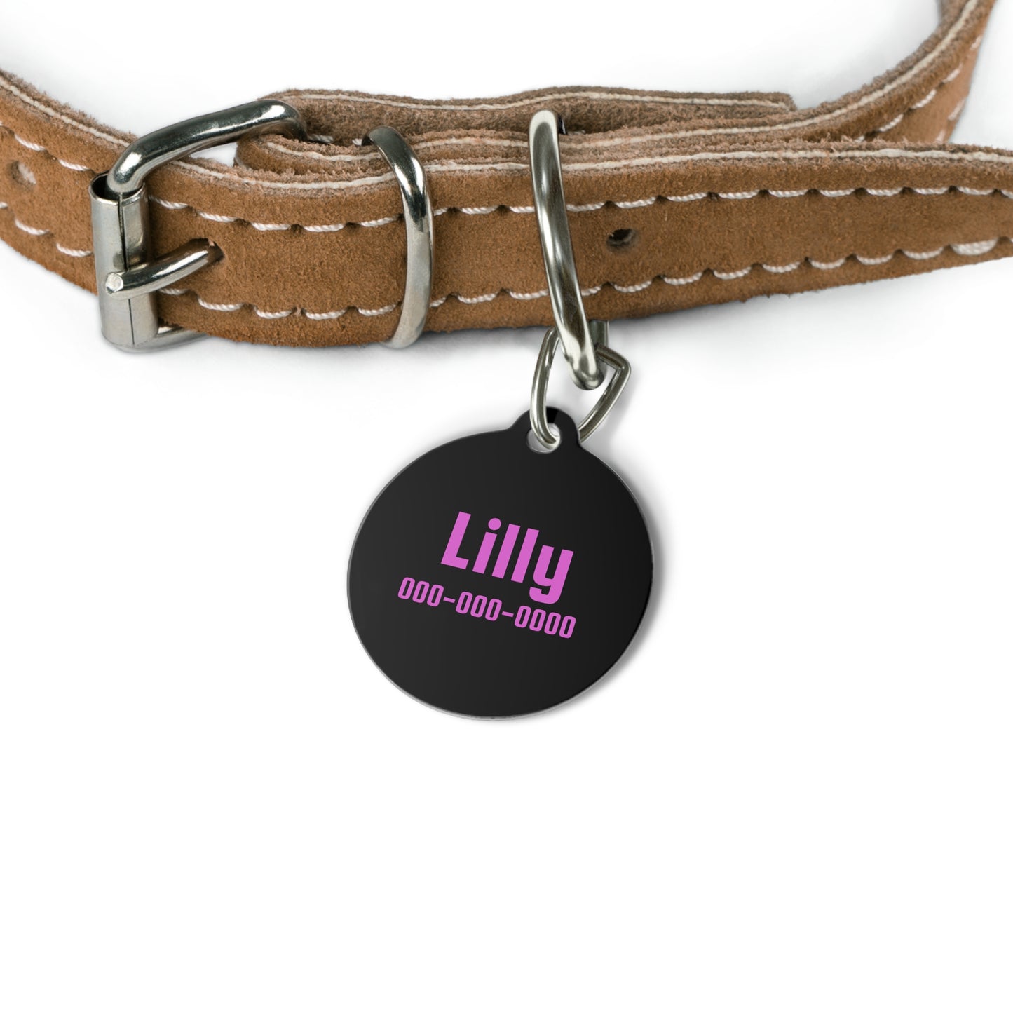 Personalized pet ID tag in black and pink with engraved details, suitable for dogs or cats, by Printify.