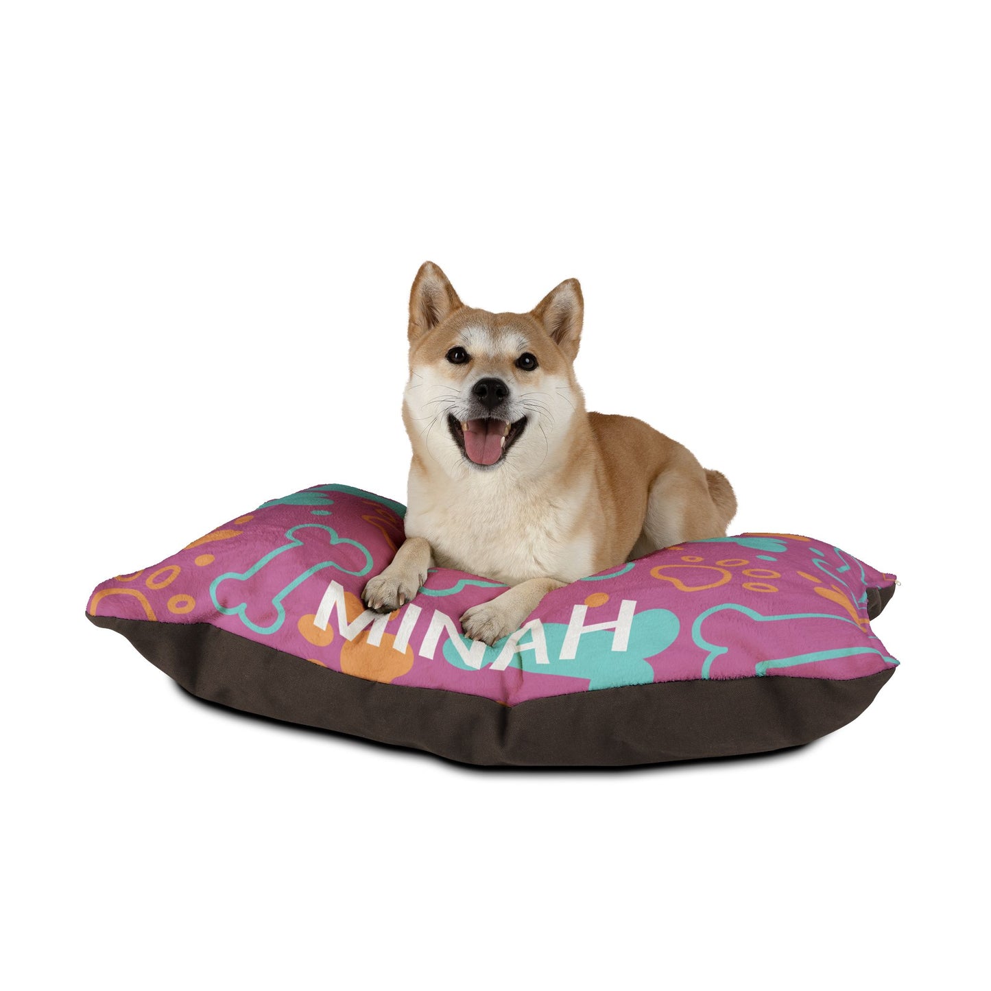 Pink personalized pet bed with bone pattern from Printify, soft and cozy for small dogs or cats.