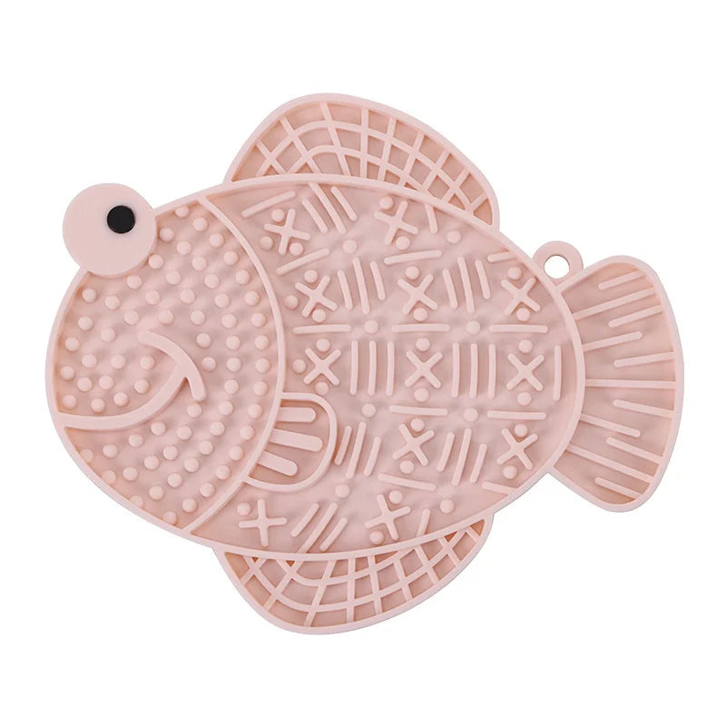 Fetch & Feature silicone pet slow feeder mat for cats and dogs, with suction cups and puzzle design for wet food and snacks.
