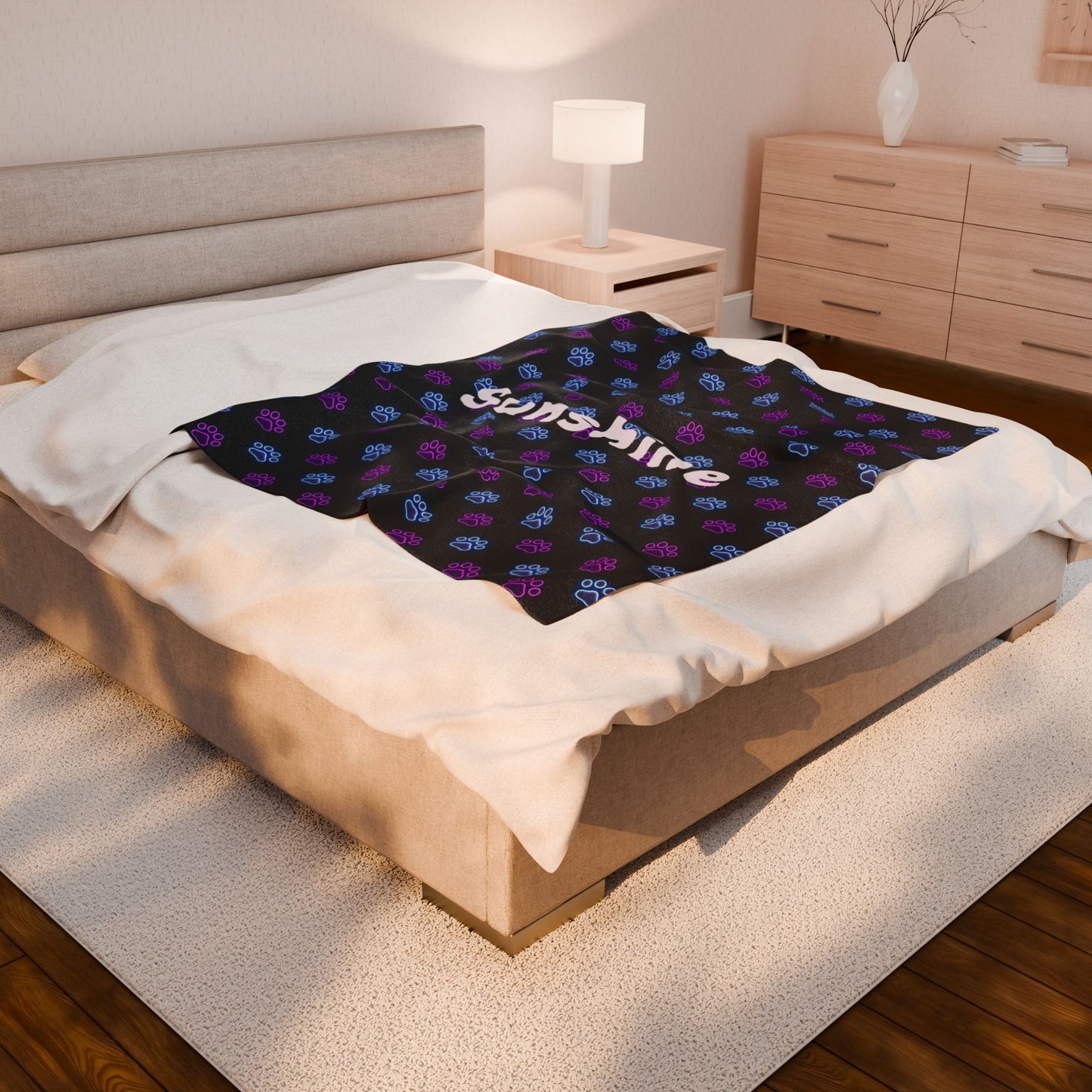 Personalized Neon Paws plush blanket with colorful all-over print, soft fabric, and custom design, perfect for cozy comfort.