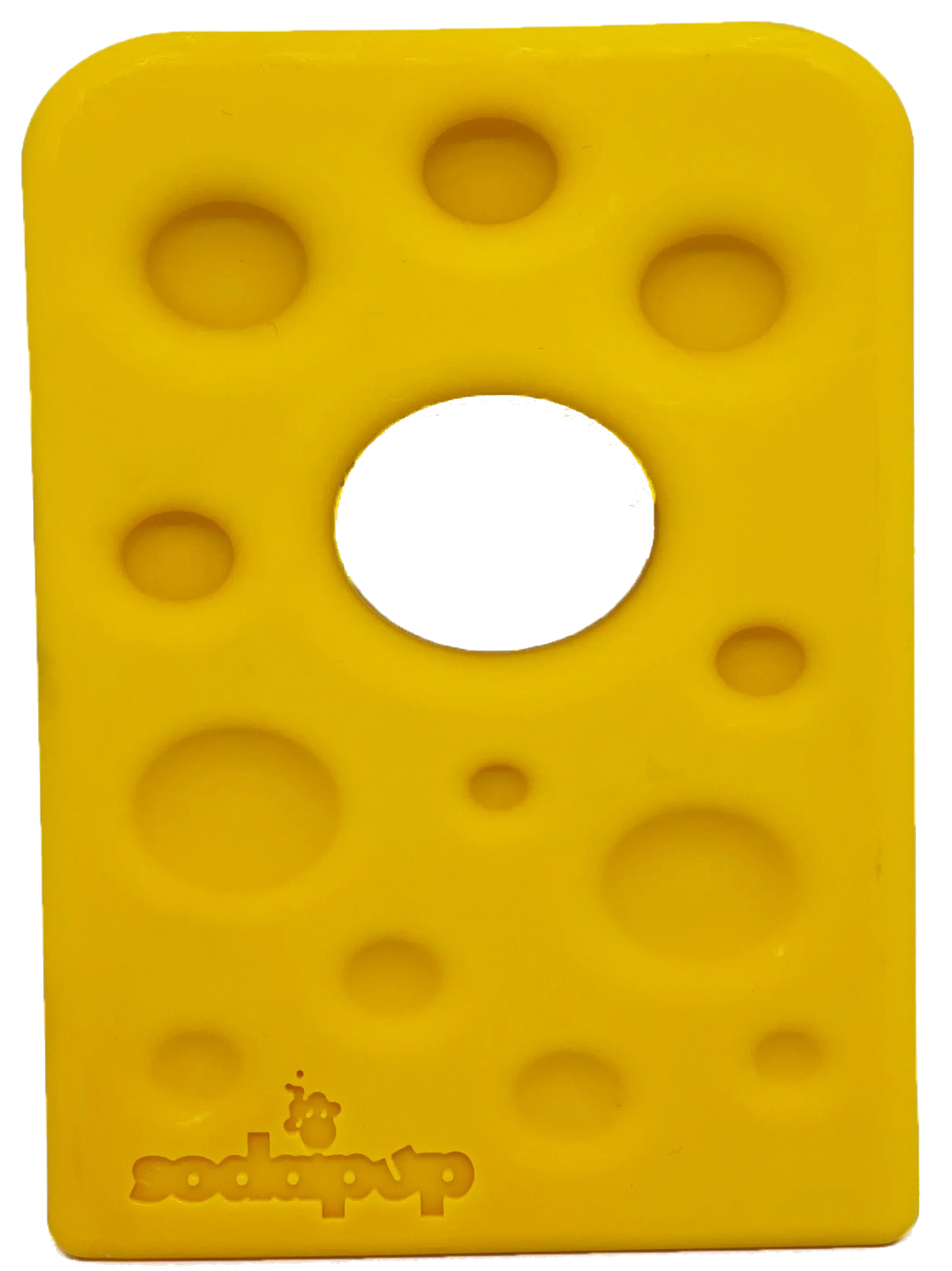 Durable nylon dog chew toy from SodaPup, designed for aggressive chewers, shaped like a Swiss cheese wedge for dogs.