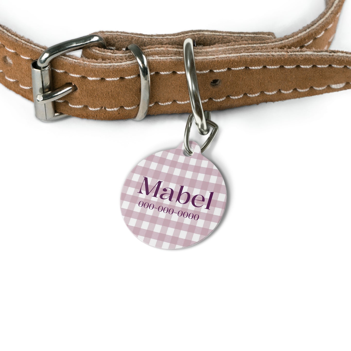 Personalized pet ID tag with lilac gingham pattern, featuring engraved customization for cats or dogs