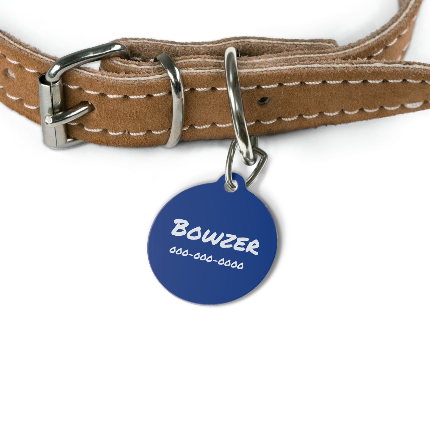 Blue personalized pet ID tag with engraved text for pets, featuring the Printify brand logo on a metal tag.