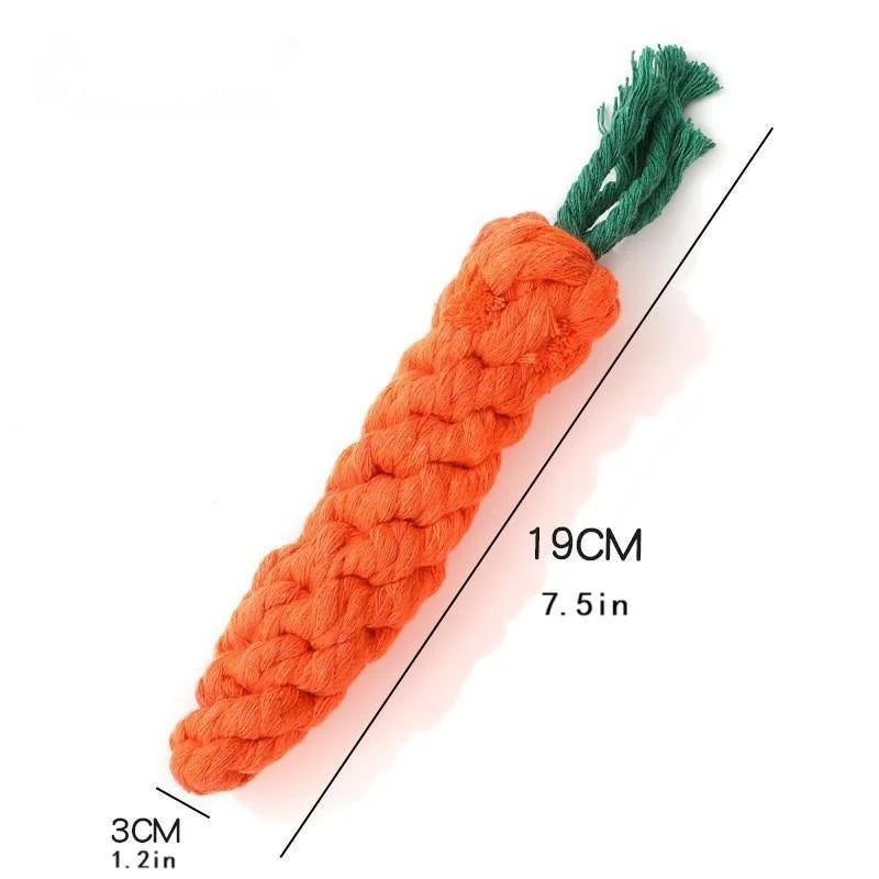 Cotton rope pet knot toy in carrot shape for dogs and cats, ideal for indoor play, from Fetch & Feature.
