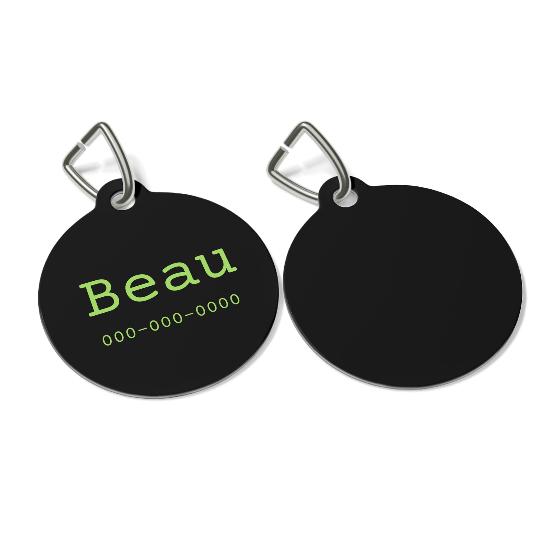Black and green personalized pet ID tag for pets, featuring customizable text, from Printify.