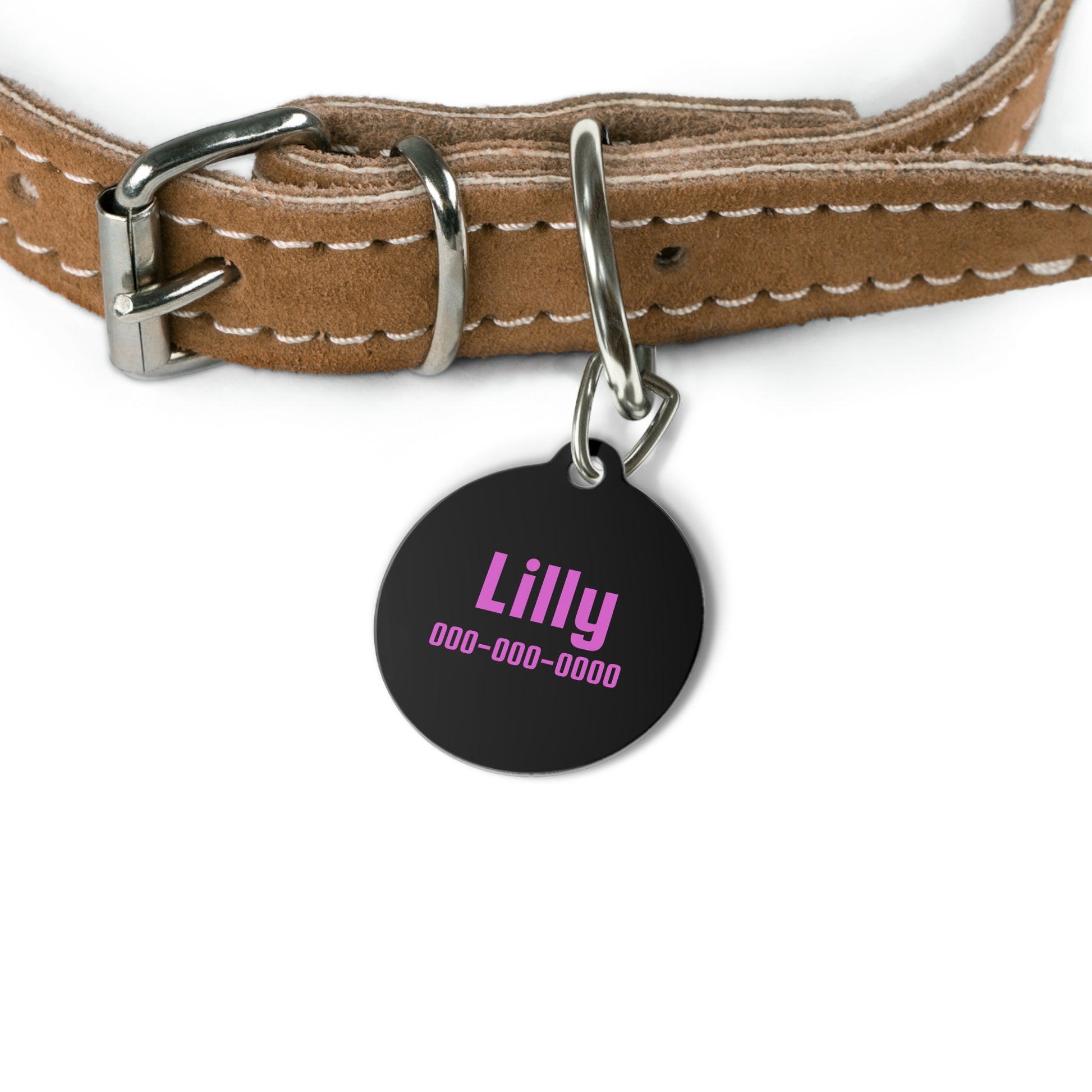 Personalized pet ID tag in black and pink with engraved details, suitable for dogs or cats, by Printify.