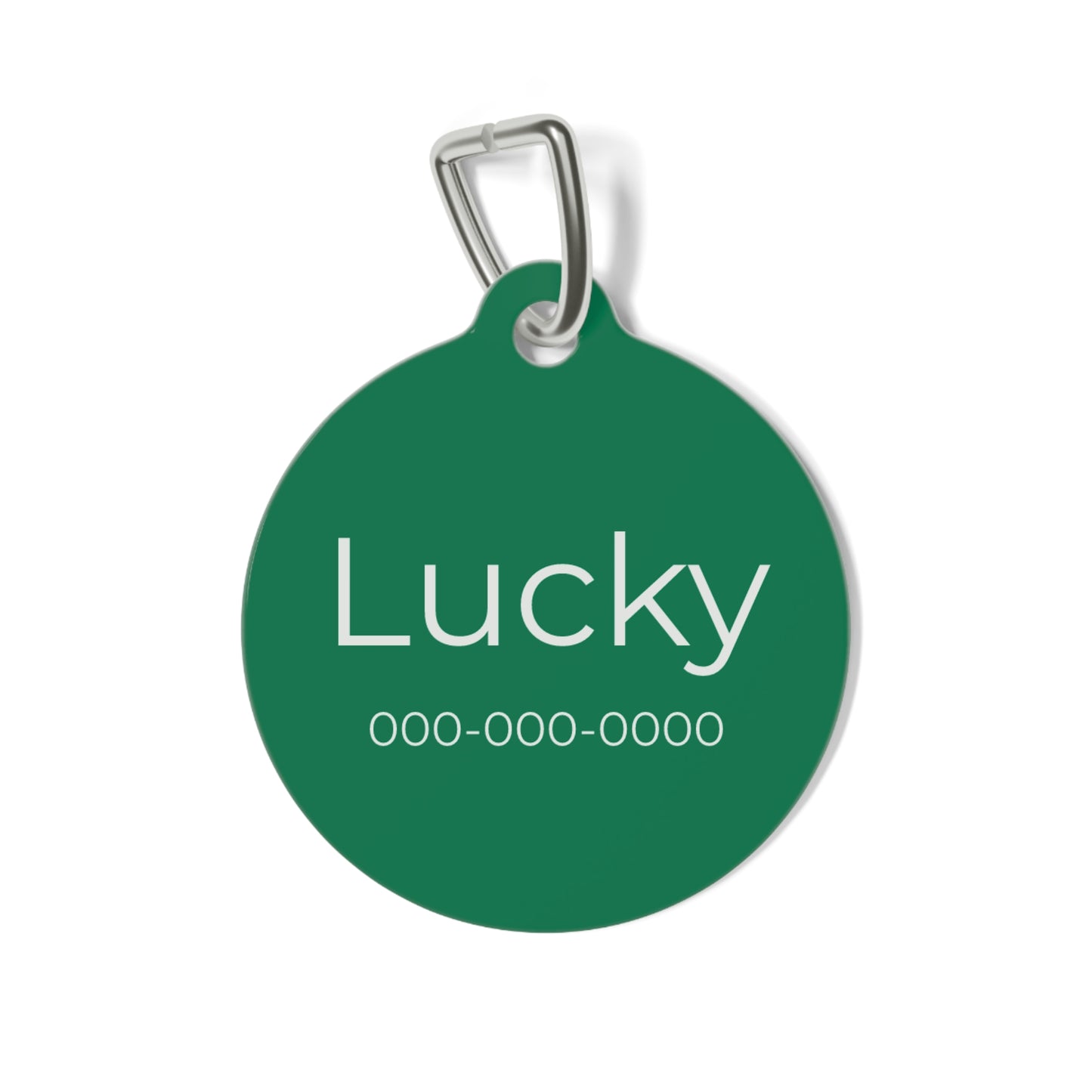 Green personalized pet ID tag with engraved details, designed for cats and dogs, featuring the Printify brand on a metal keyring.