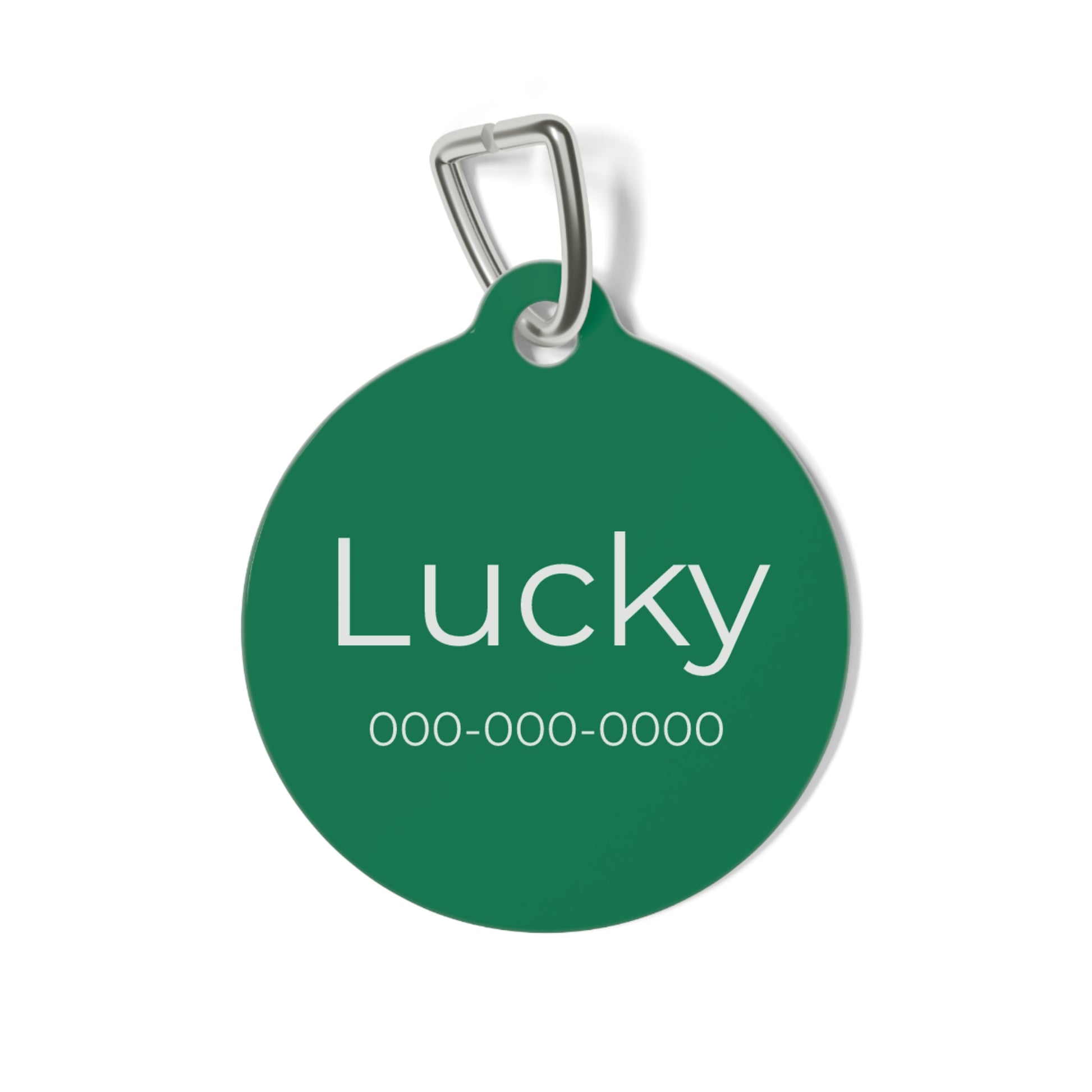 Green personalized pet ID tag with engraved details, designed for cats and dogs, featuring the Printify brand on a metal keyring.