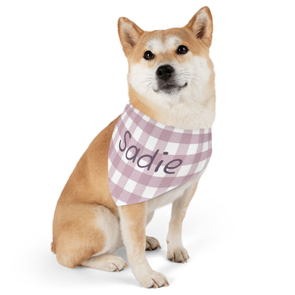 Pink gingham print personalized pet bandana collar for dogs, featuring adjustable fit and stylish design.