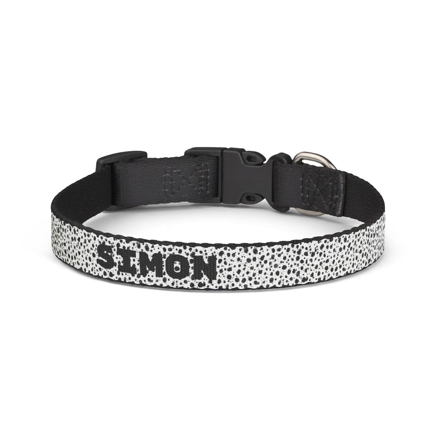 Personalized black and white patterned clip-on pet collar for cats and dogs, made by Printify.