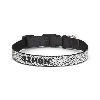 Personalized black and white patterned clip-on pet collar for cats and dogs, made by Printify.