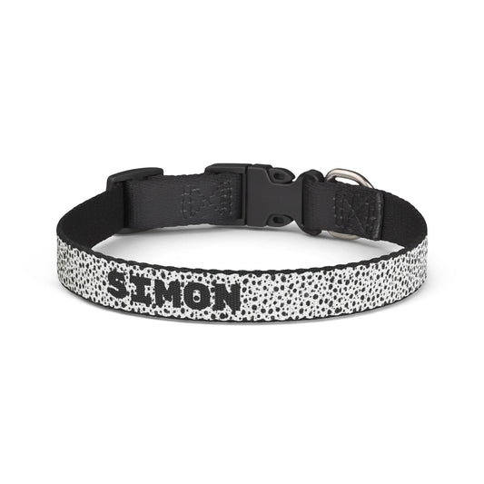 Personalized black and white patterned clip-on pet collar for cats and dogs, made by Printify.
