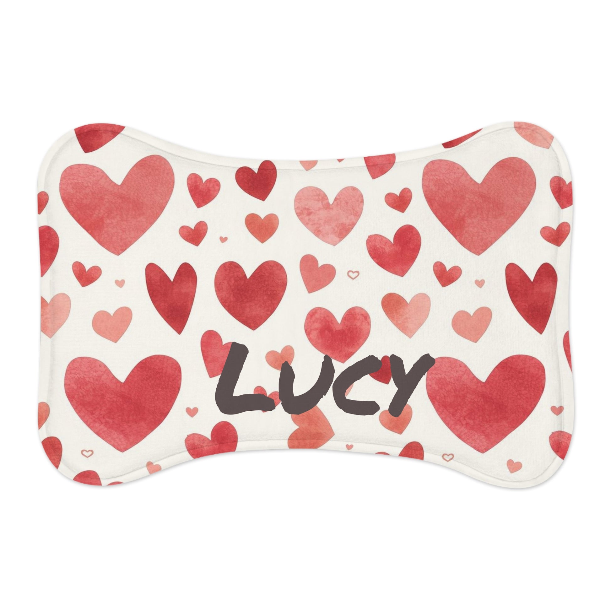 Personalized pet feeding mat with a hearts pattern, ideal for pets, featuring a colorful and decorative design.