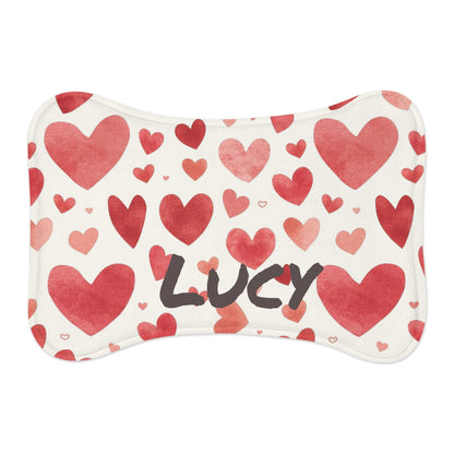 Personalized pet feeding mat with a hearts pattern, ideal for pets, featuring a colorful and decorative design.