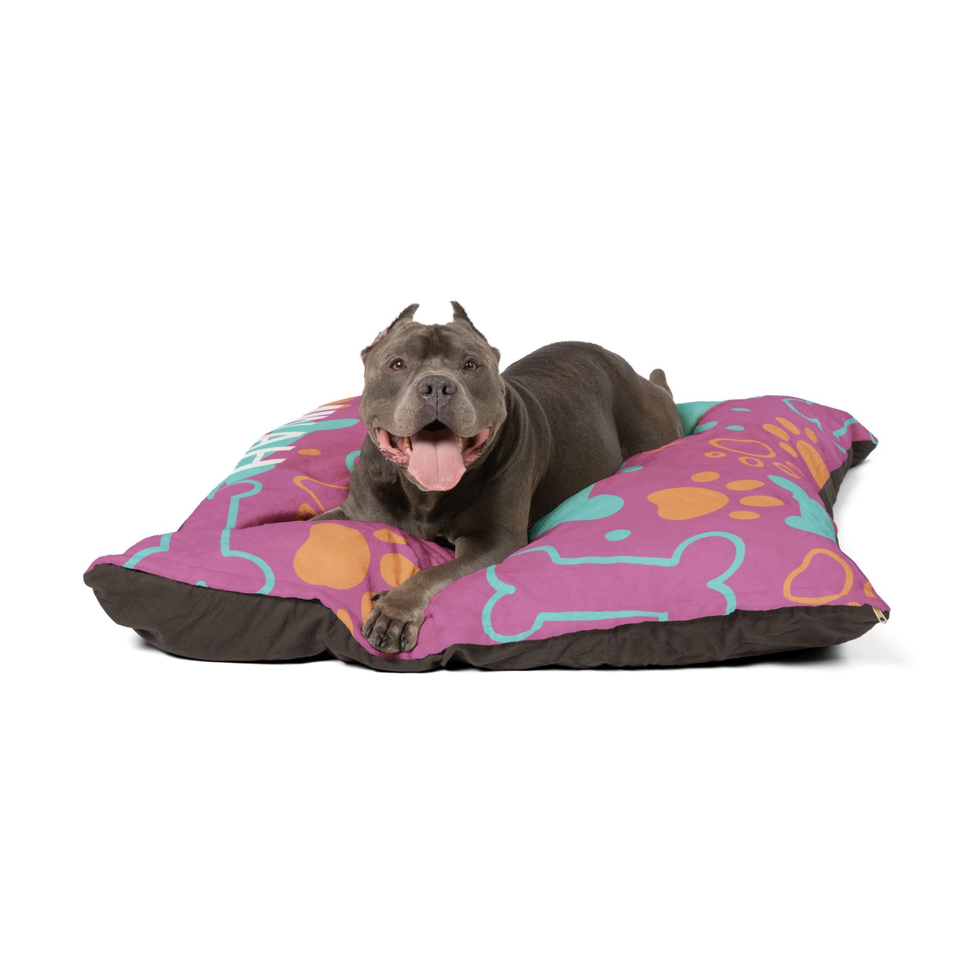 Pink personalized pet bed with bone patterns from Printify, soft fabric and cozy design for small dogs or cats.