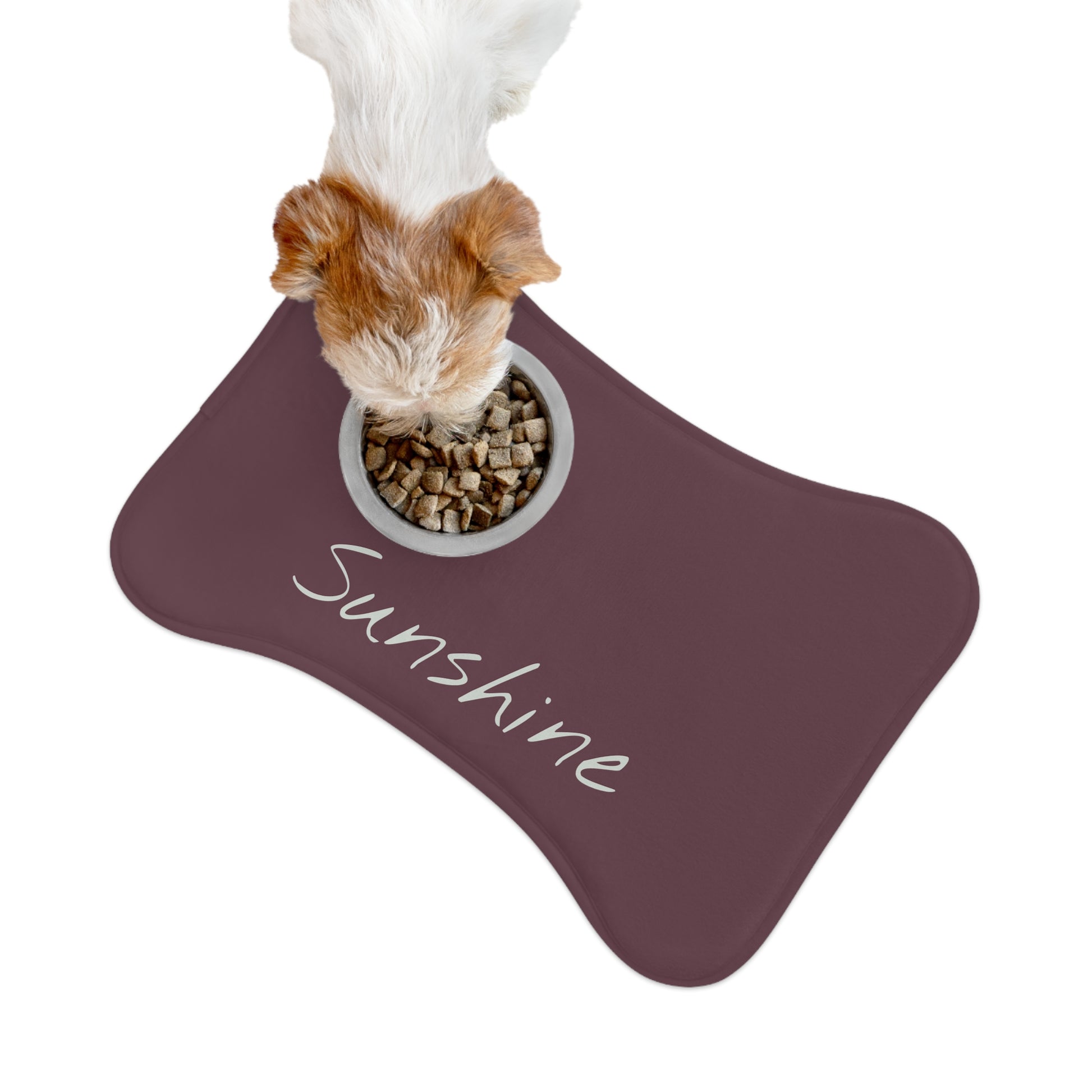 Personalized Plum pet feeding mat with custom design, durable fabric, and non-slip backing for pets' food and water bowls.