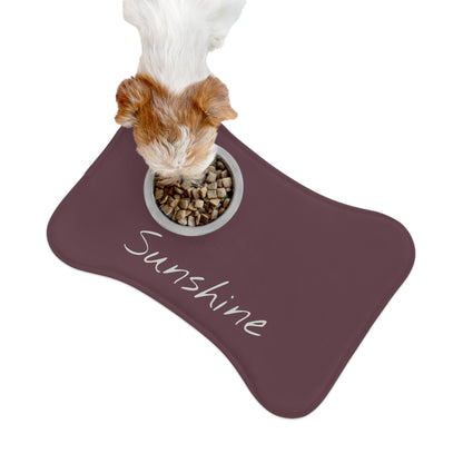 Personalized Plum pet feeding mat with custom design, durable fabric, and non-slip backing for pets' food and water bowls.