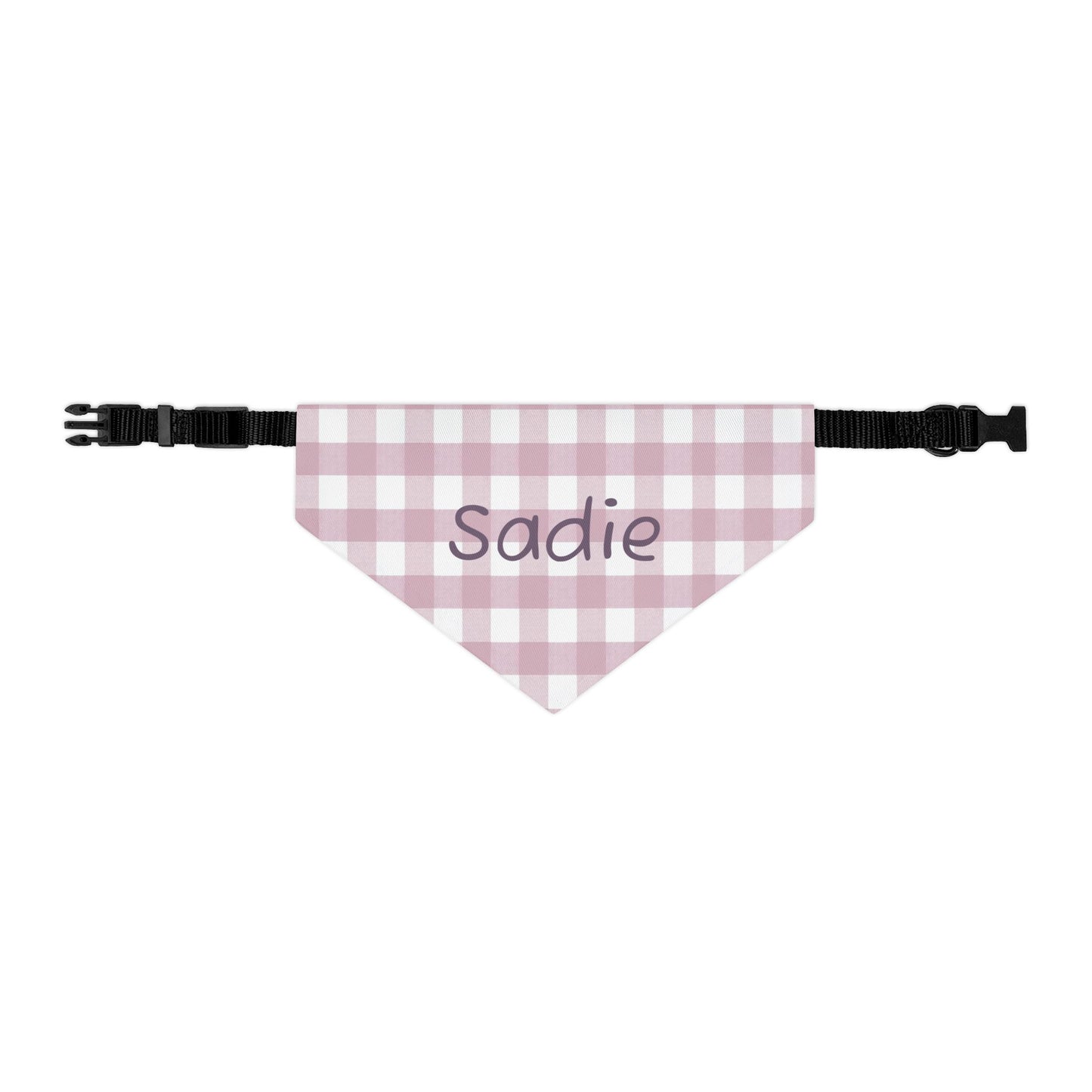 Pink gingham print personalized pet bandana collar for dogs, featuring adjustable design and decorative embellishments.