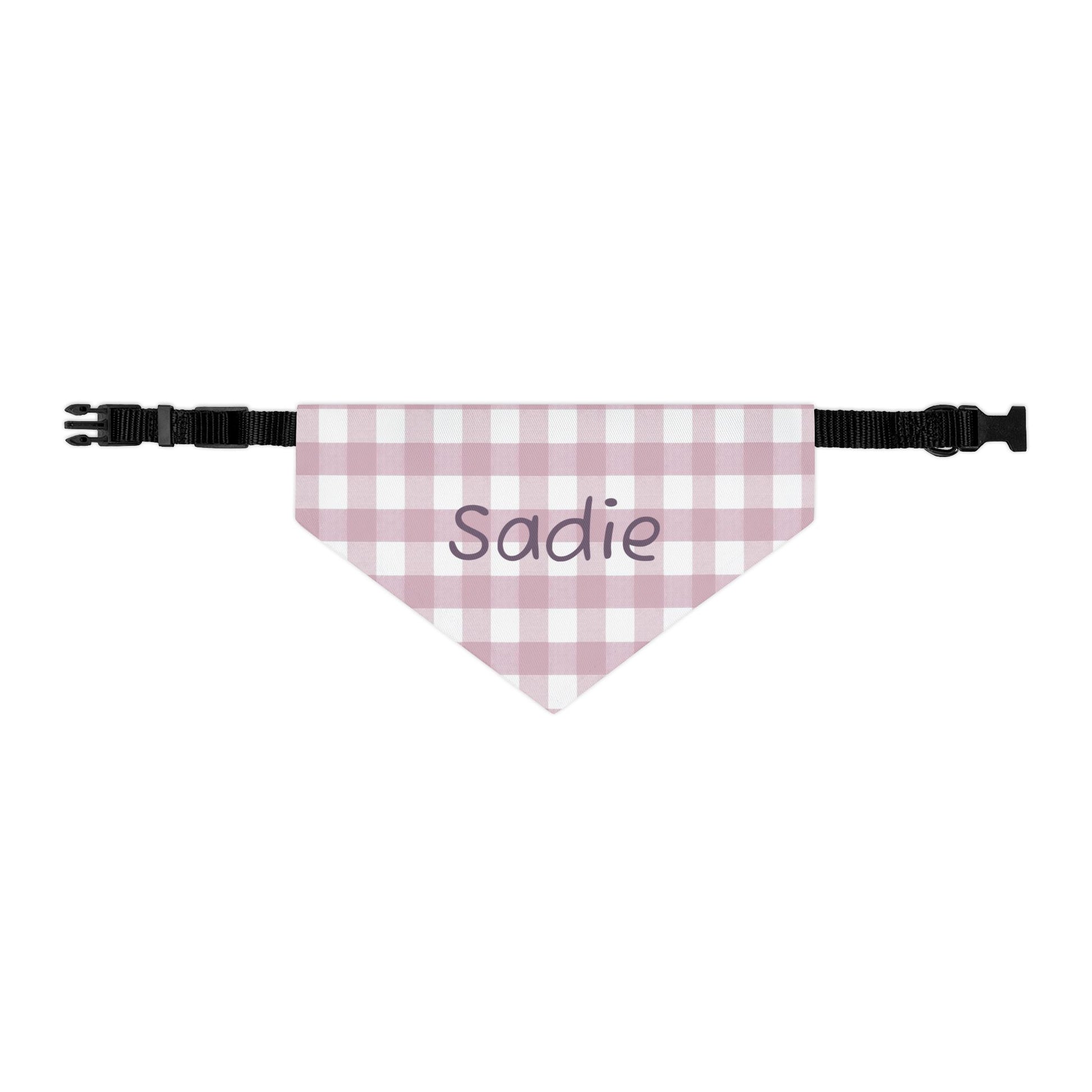 Pink gingham print personalized pet bandana collar for dogs, featuring adjustable design and decorative embellishments.