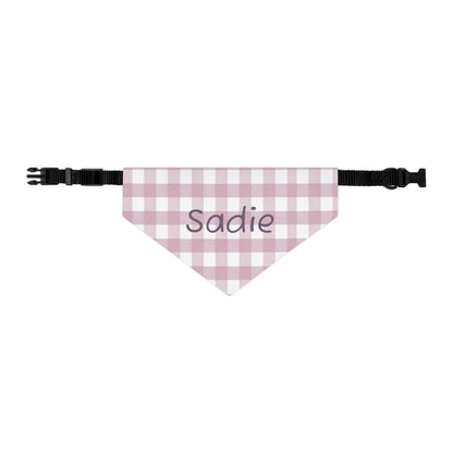 Pink gingham print personalized pet bandana collar for dogs, featuring adjustable design and decorative embellishments.