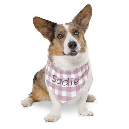 Personalized pink gingham pet bandana collar for pets, featuring custom text and adjustable fit.
