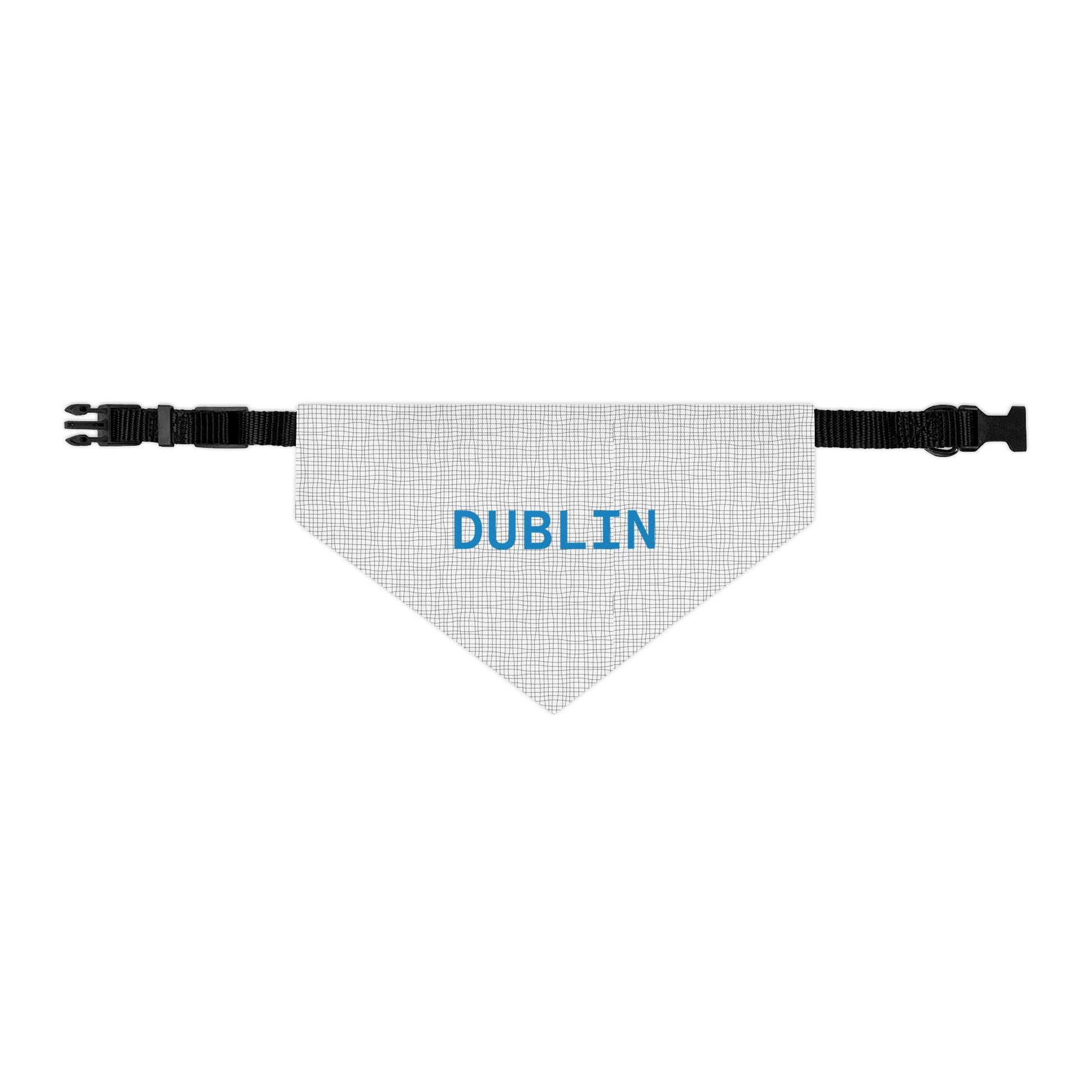 Personalized black and grey polka dot pet bandana collar for dogs or cats, featuring adjustable strap and custom name embroidery.