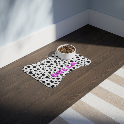 Black and white speckled personalized pet feeding mat with printed design, made for pets, by Printify.