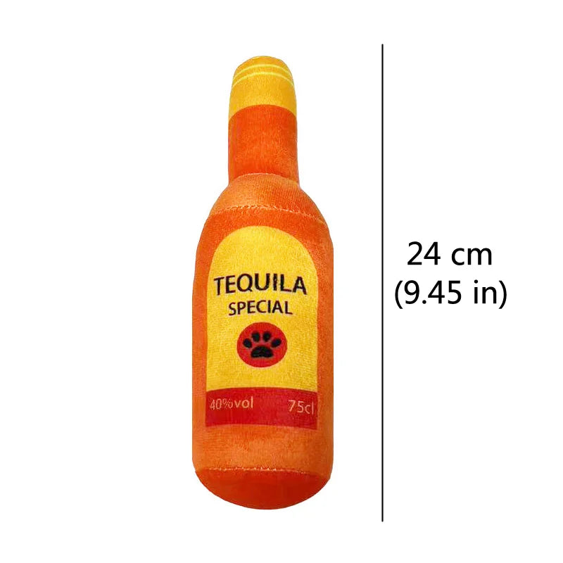 Fetch & Feature plush dog toy shaped like a beer bottle with squeak sound, suitable for small and large dogs for interactive play.