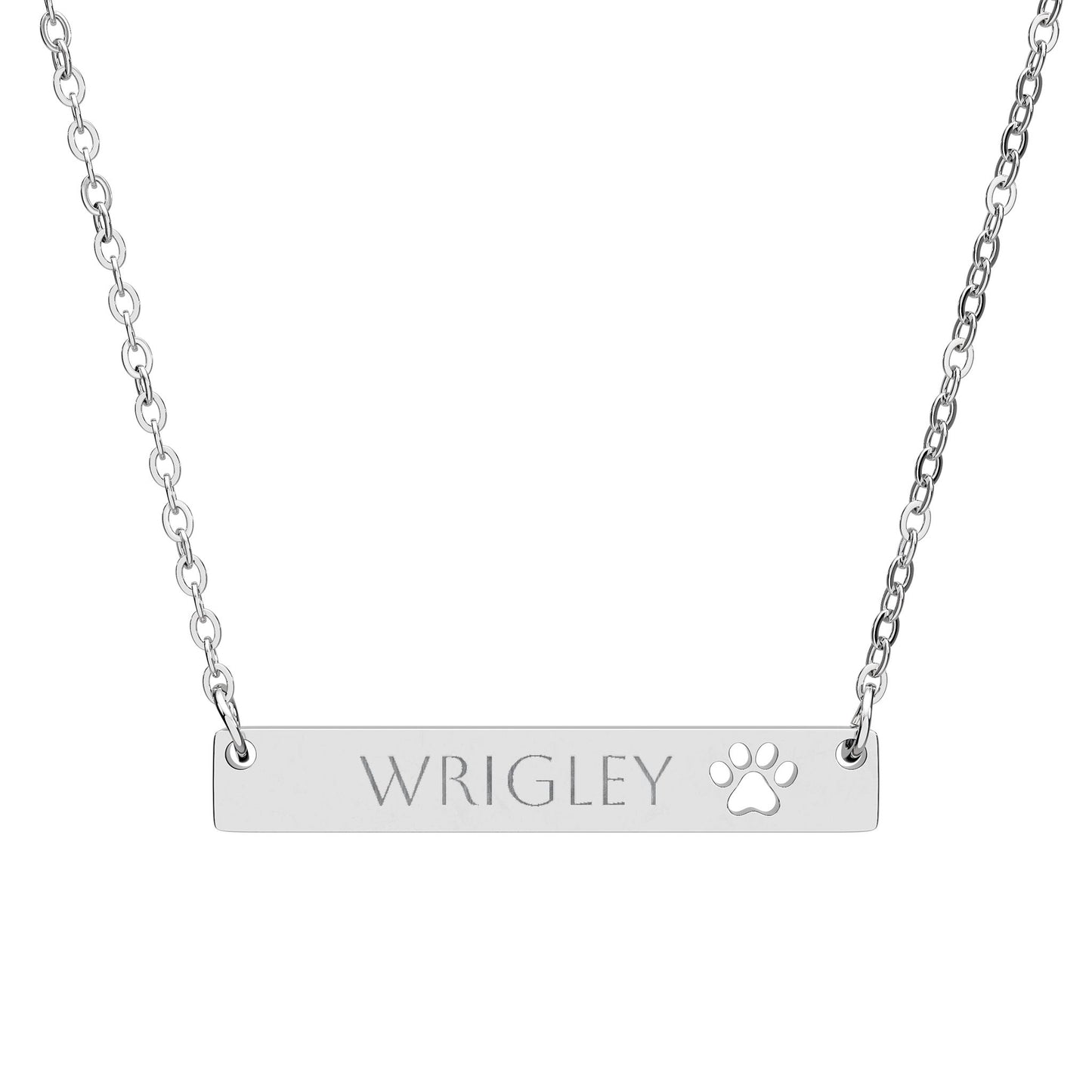 Personalized paw print bar necklace with engraved pet name, made by Printify, featuring a sleek jewelry accessory with pet-themed design.