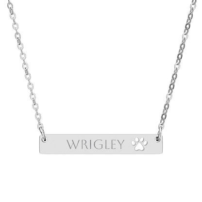 Personalized paw print bar necklace with engraved pet name, made by Printify, featuring a sleek jewelry accessory with pet-themed design.