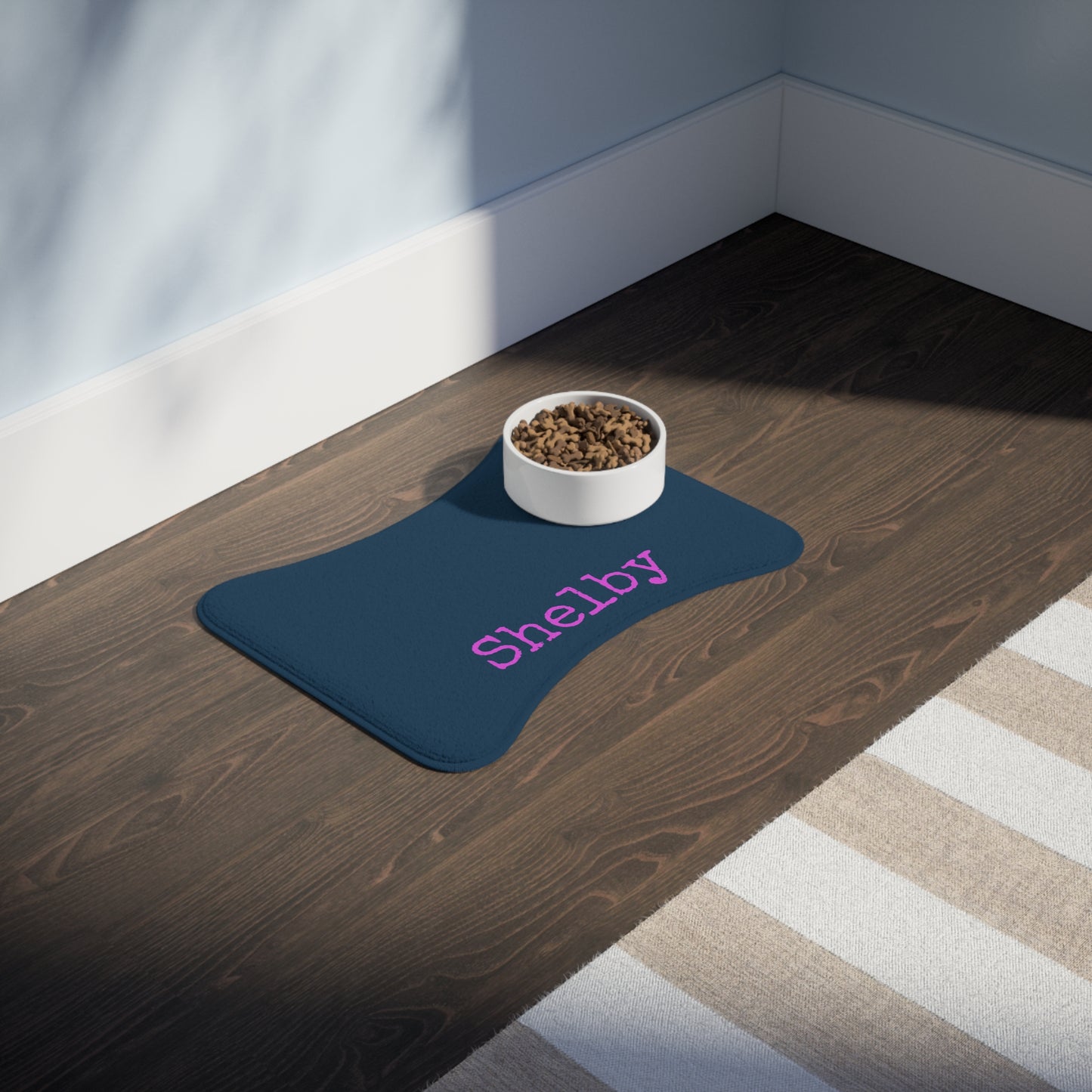 Personalized pet feeding mat in cadet blue with custom name, made for pets, by Printify, showing a soft, durable fabric mat.