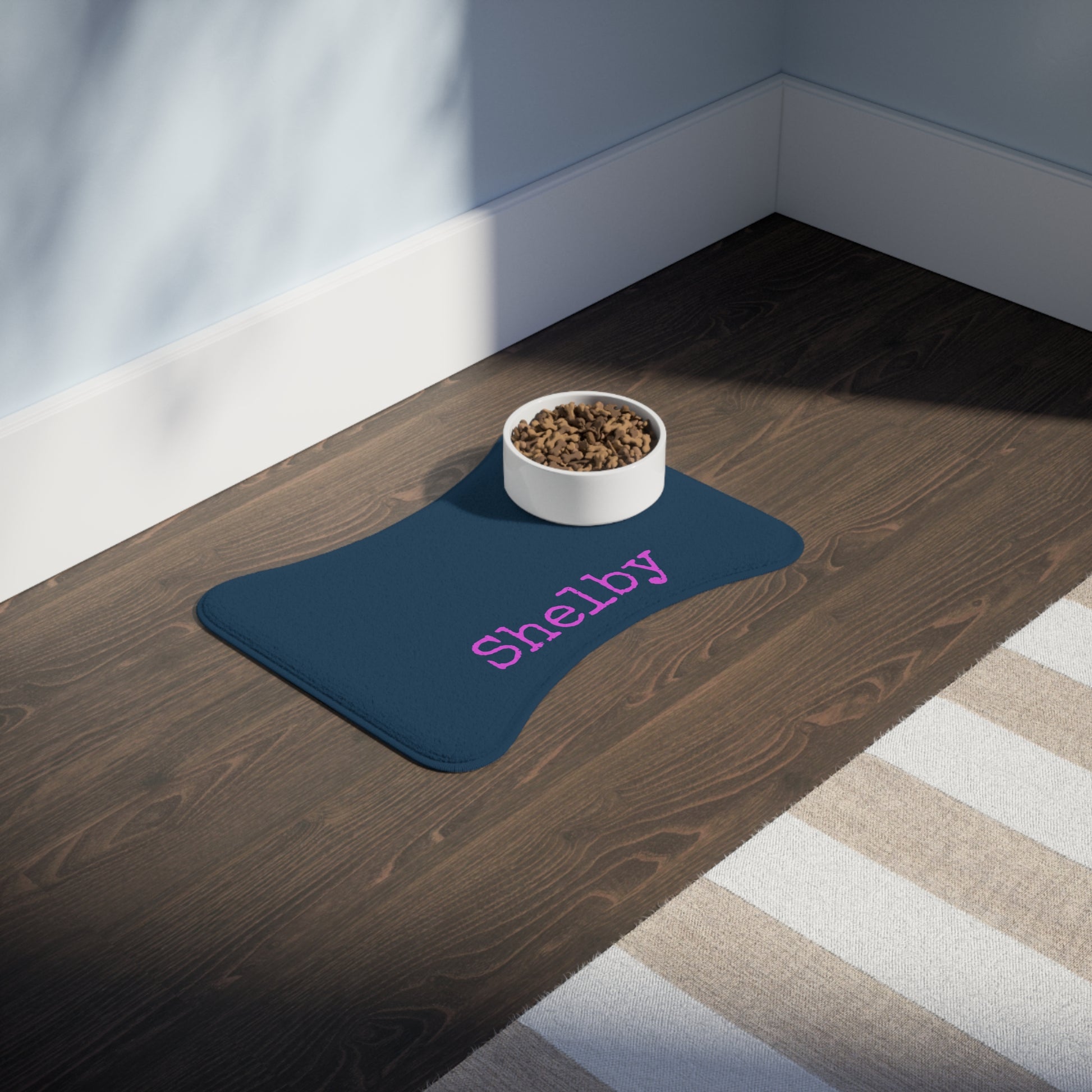 Personalized pet feeding mat in cadet blue with custom name, made for pets, by Printify, showing a soft, durable fabric mat.