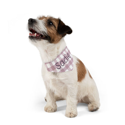 Personalized pink gingham pet bandana collar with adjustable strap, suitable for small to medium dogs and cats.