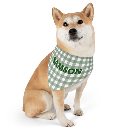 Personalized green gingham pet bandana collar with adjustable strap, suitable for dogs or cats.