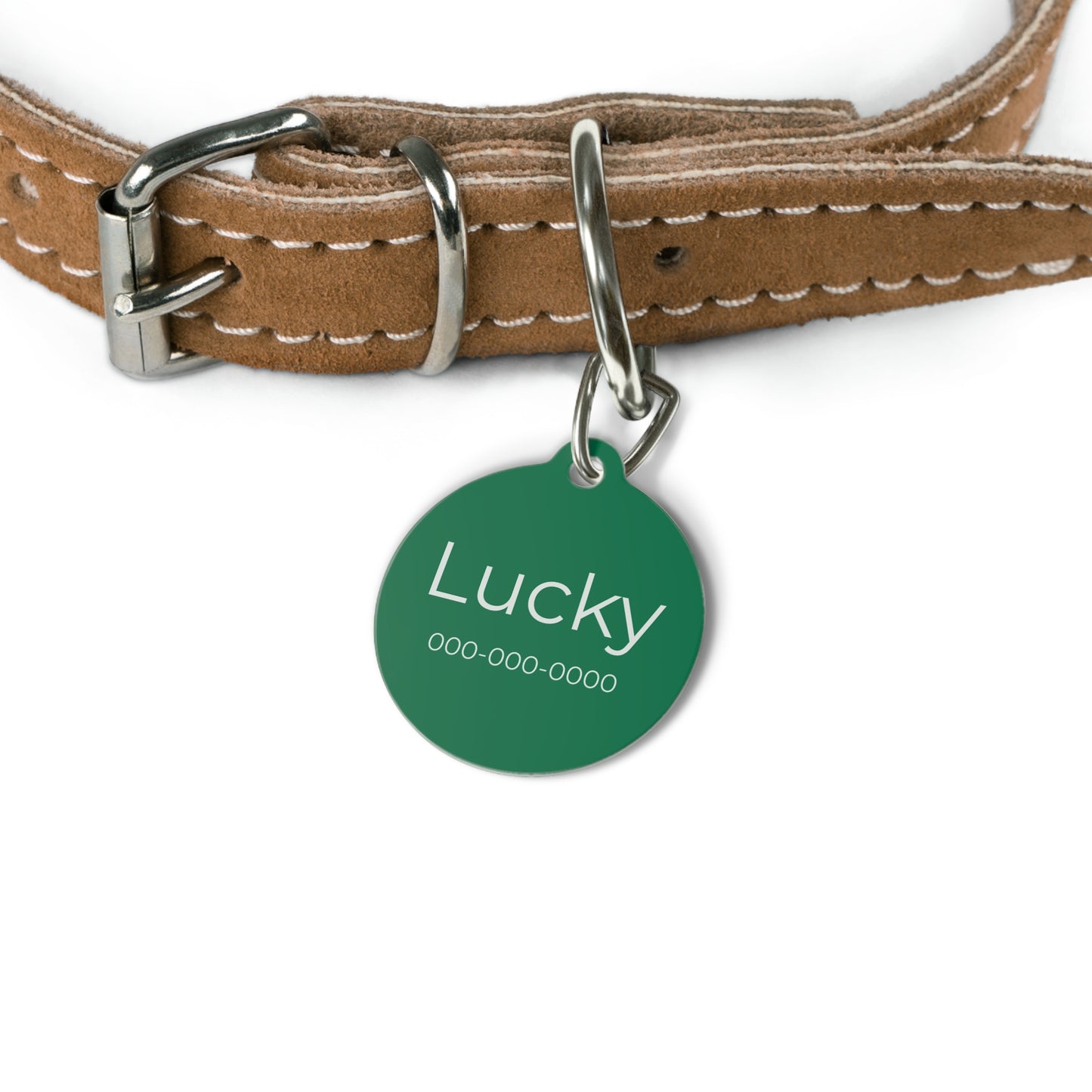 Green personalized pet ID tag with engraved details, designed for pets, by Printify, showing the tag's shape and customizable text.