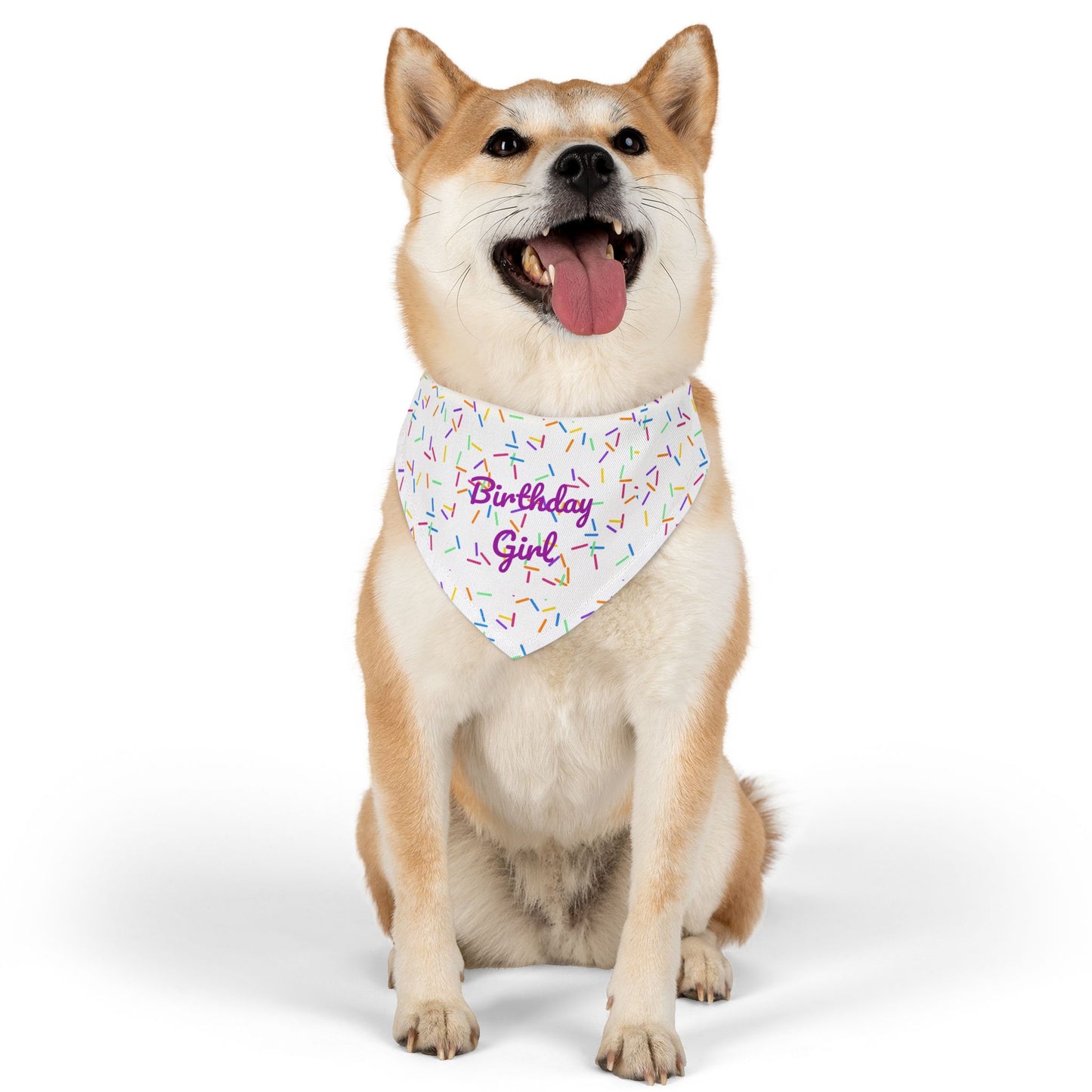 Pet bandana collar for pets, featuring a "Birthday Girl" design, made by Printify, with colorful festive patterns and adjustable fit.