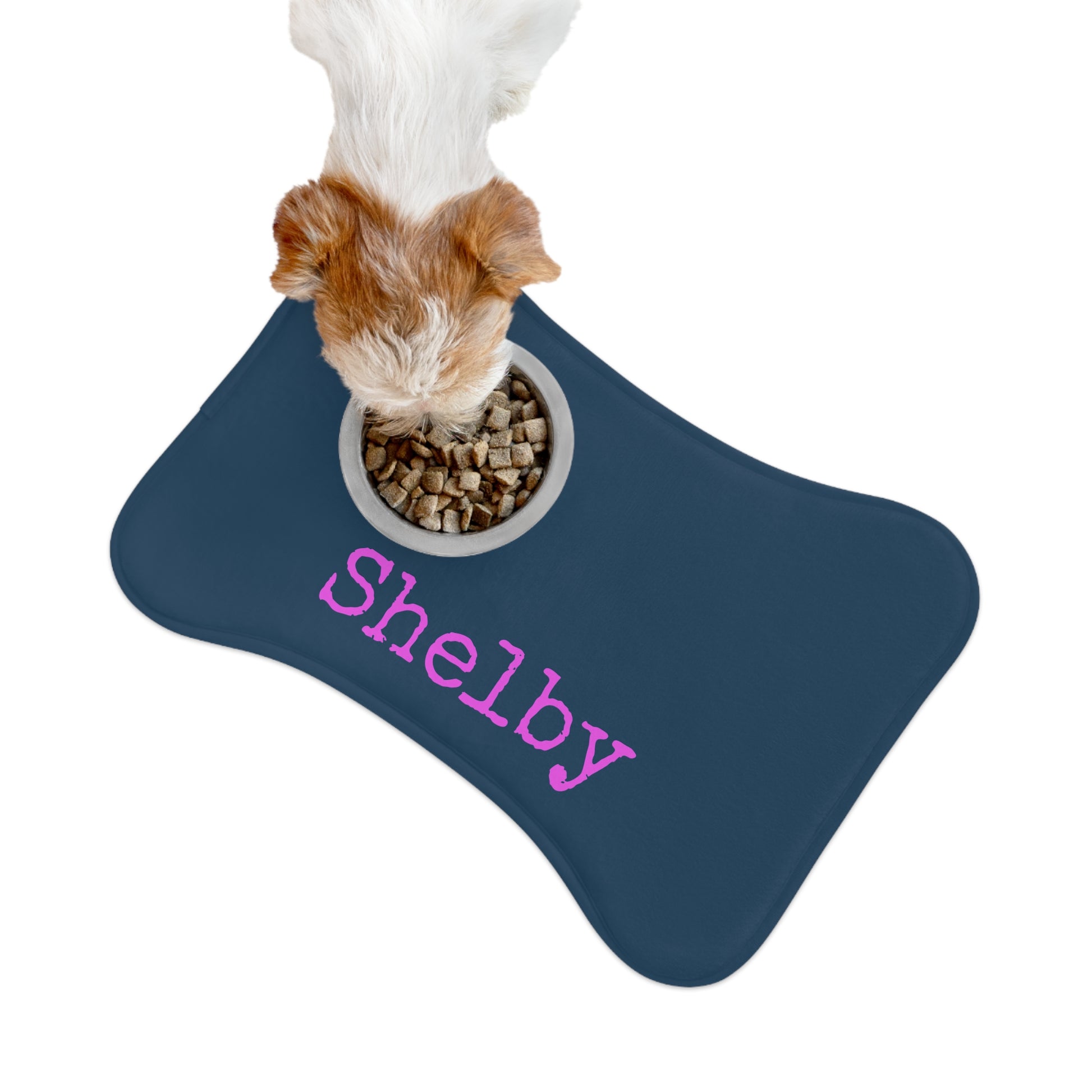 Personalized pet feeding mat in cadet blue with pet name, made by Printify, featuring a soft fabric surface and non-slip backing.