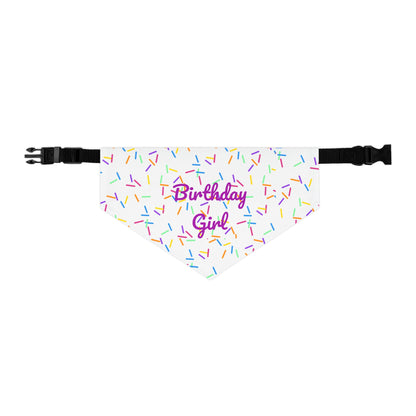 Pet bandana collar featuring a "Birthday Girl" design, ideal for celebrating special occasions with pets.