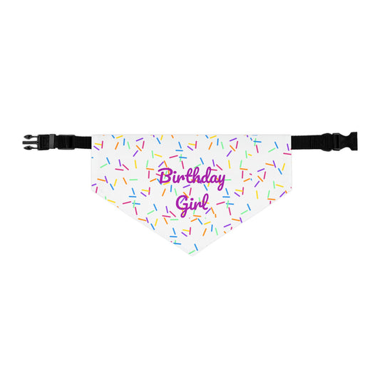 Pet bandana collar featuring a "Birthday Girl" design, ideal for celebrating special occasions with pets.
