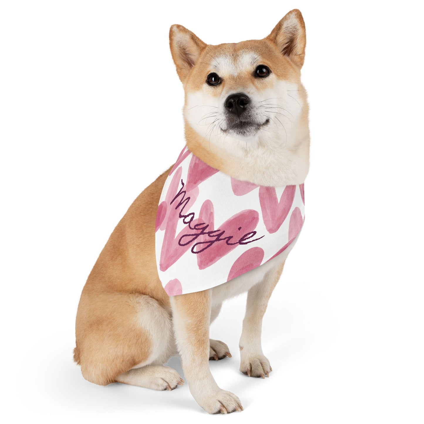 Personalized pet bandana collar with watercolor hearts design, featuring adjustable fit for cats and dogs, by Printify.