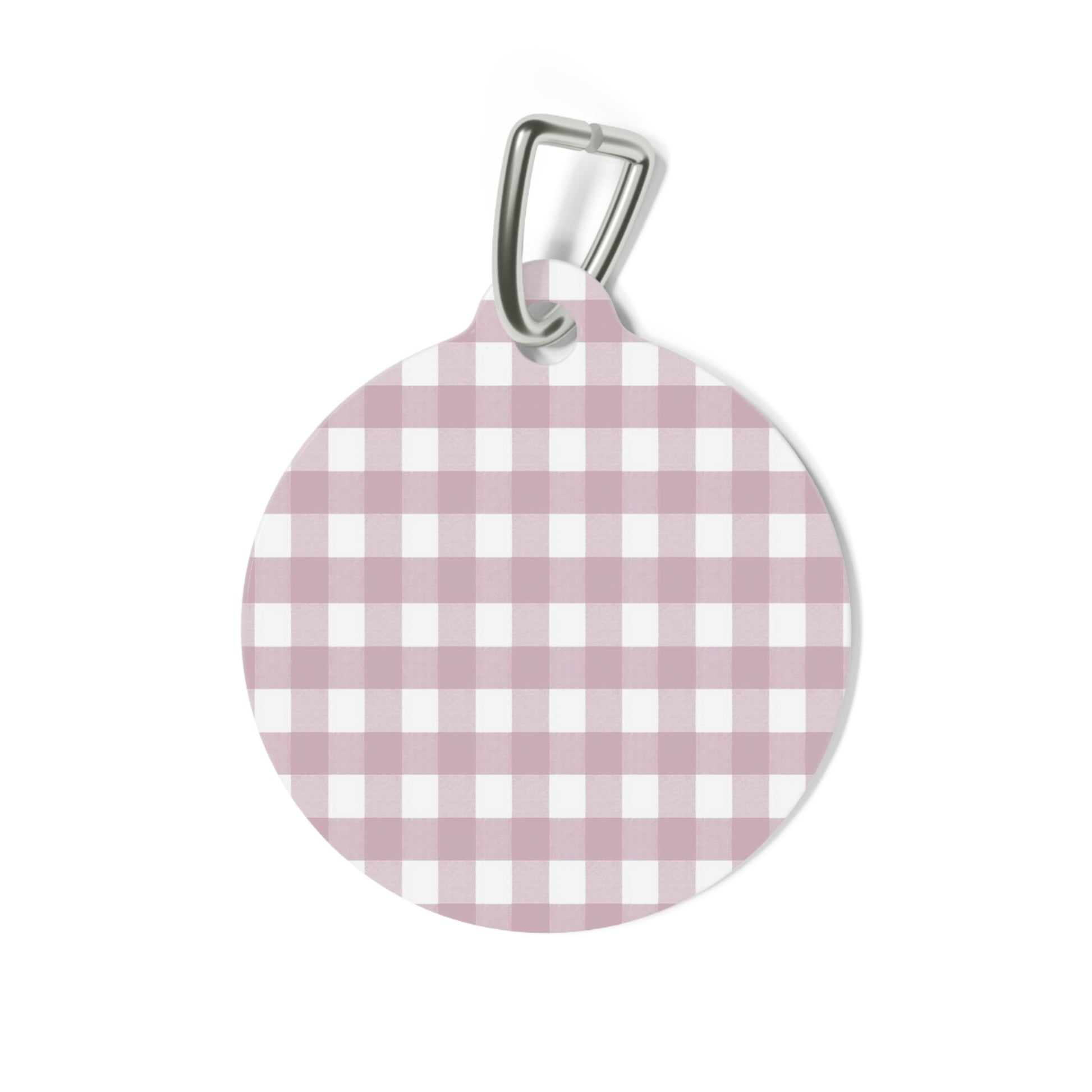 Personalized pet ID tag with lilac gingham pattern for dogs and cats, featuring customizable text on a stylish accessory.