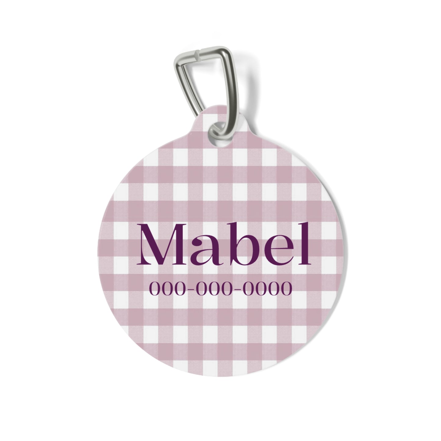 Personalized pet ID tag with lilac gingham pattern, designed for pets, featuring engraved text on a stylish accessory.