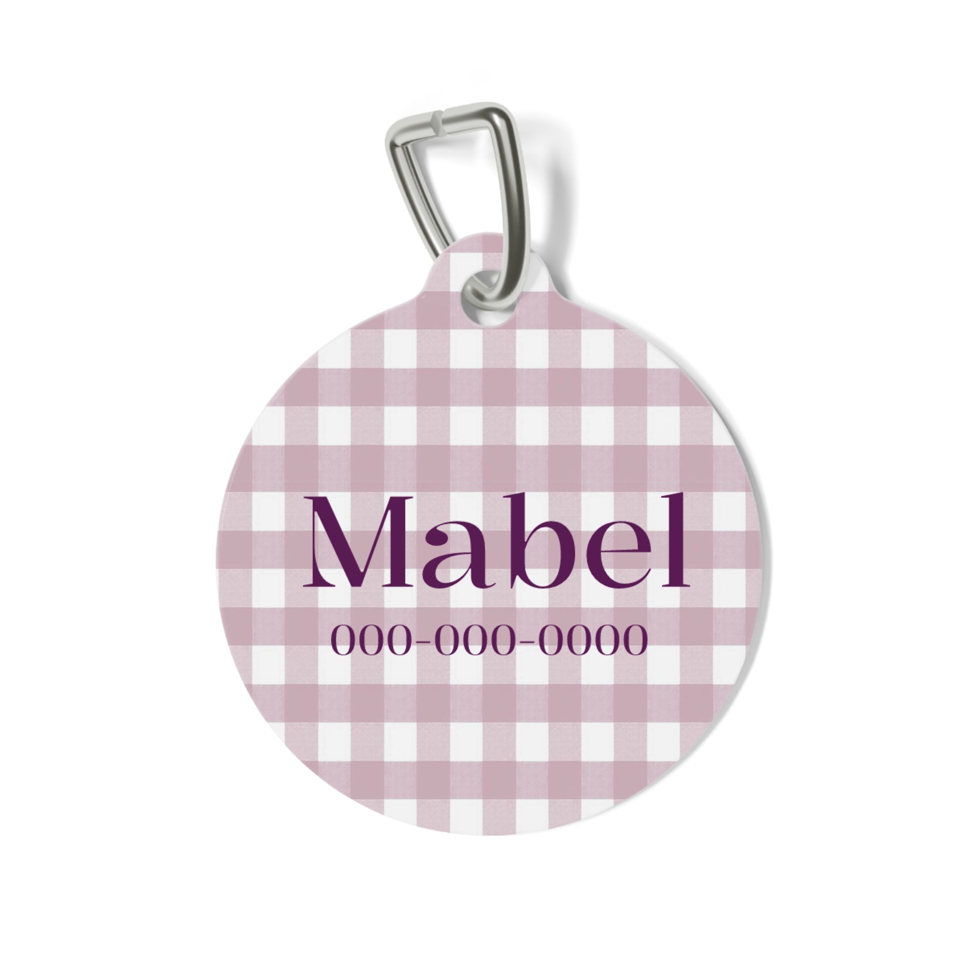 Personalized pet ID tag with lilac gingham pattern, designed for pets, featuring engraved text on a stylish accessory.