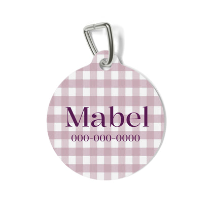 Personalized pet ID tag with lilac gingham pattern, designed for pets, featuring engraved text on a stylish accessory.