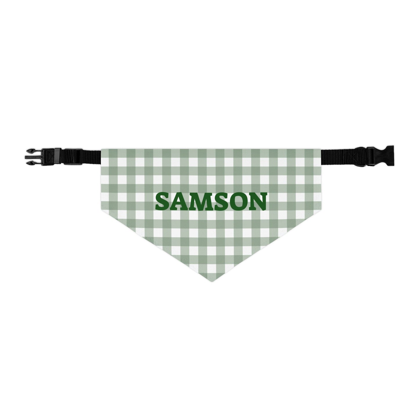 Personalized green gingham bandana collar for pets with customizable name, made by Printify, featuring a stylish dog or cat collar design.