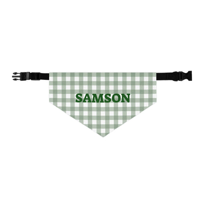 Personalized green gingham bandana collar for pets with customizable name, made by Printify, featuring a stylish dog or cat collar design.