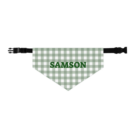 Personalized green gingham bandana collar for pets with customizable name, made by Printify, featuring a stylish dog or cat collar design.