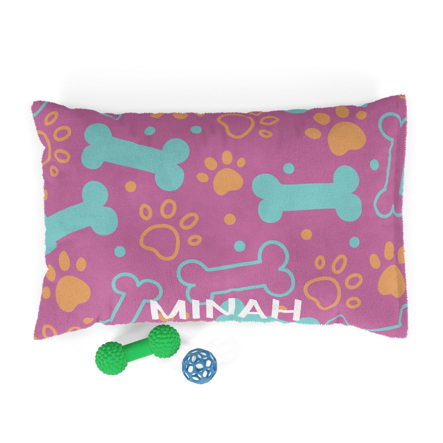 Personalized pink pet bed with bone pattern, soft fabric for small dogs or cats, by Printify.