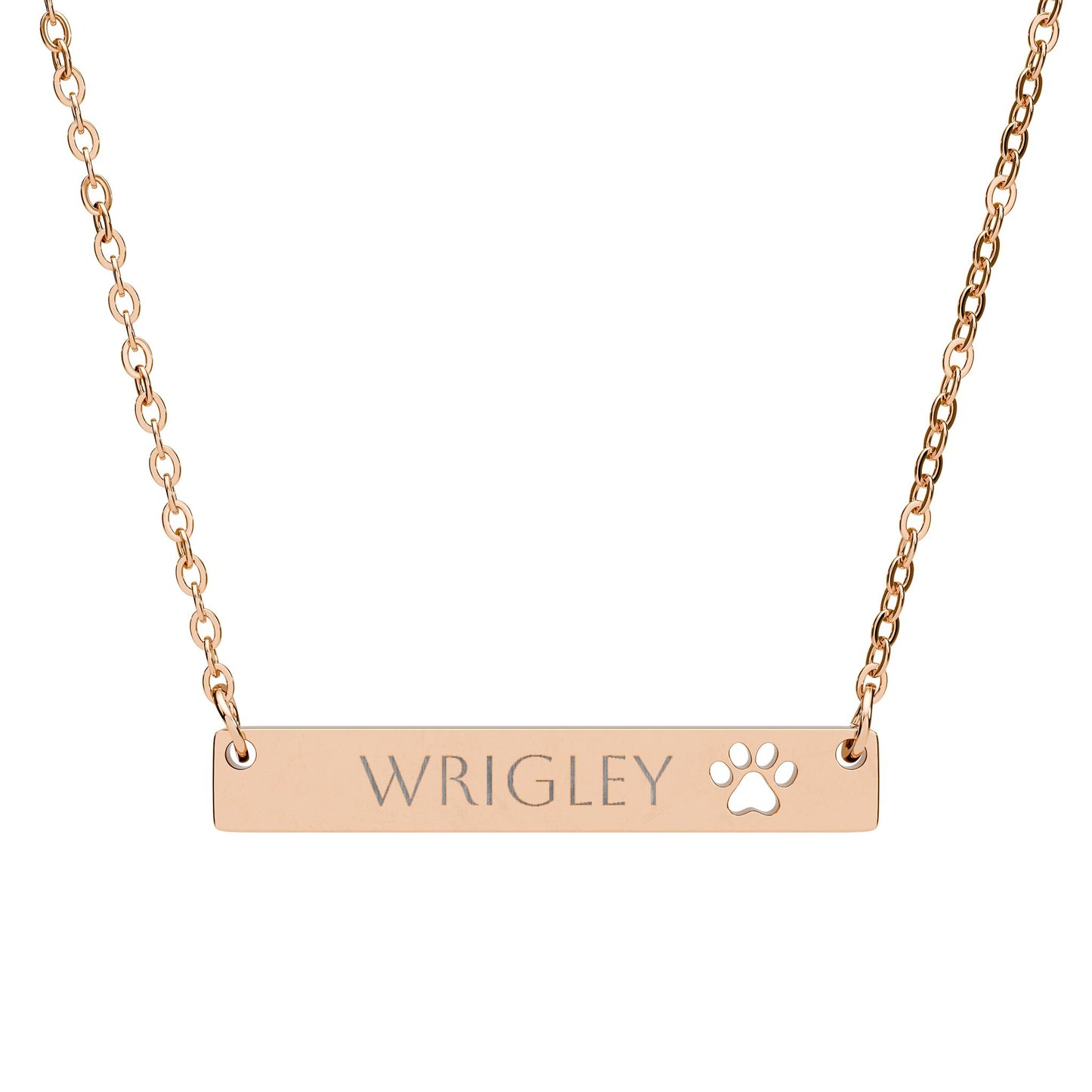 Personalized paw cutout bar necklace with engraved pet name, silver-tone jewelry accessory with a sleek modern design.