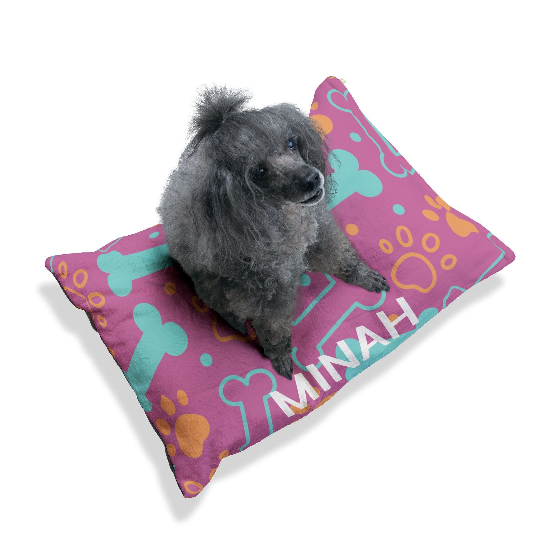 Personalized pink pet bed with bone pattern for dogs or cats, featuring custom embroidery, by Printify.